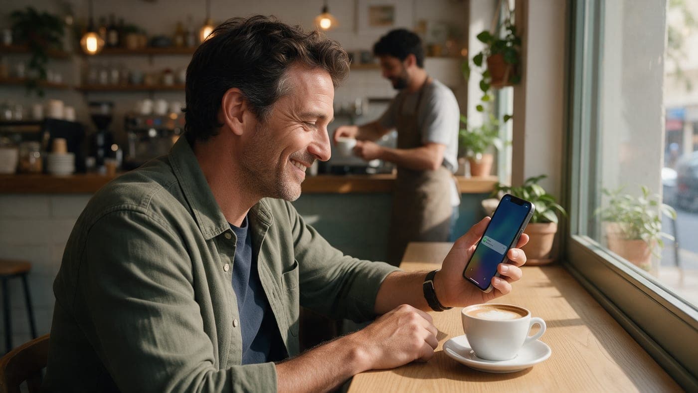 Un cliente sonríe al ver en su móvil el aviso de su premio, con un café en la mesa