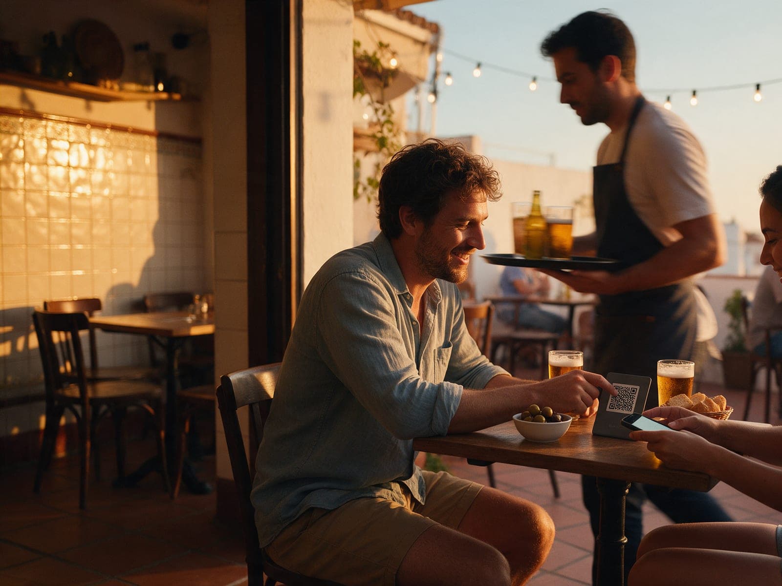 Dos amigos en la terraza de un bar escanean el soporte de la mesa mientras el camarero pasa con una bandeja